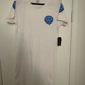 White T-Shirt Dress with Blue Smiley Faces